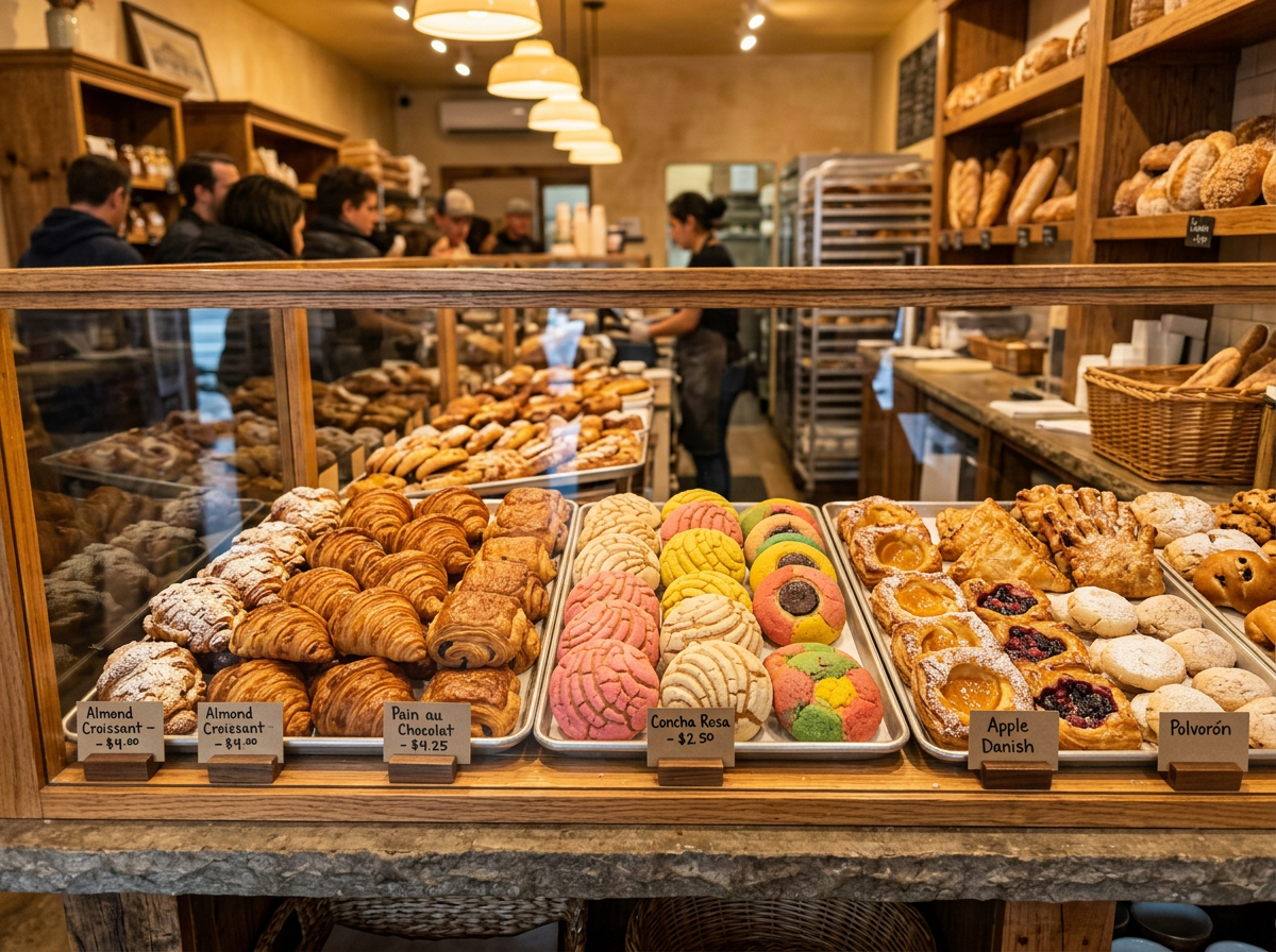 Vitrina de la panadería con pan dulce y pastelitos
