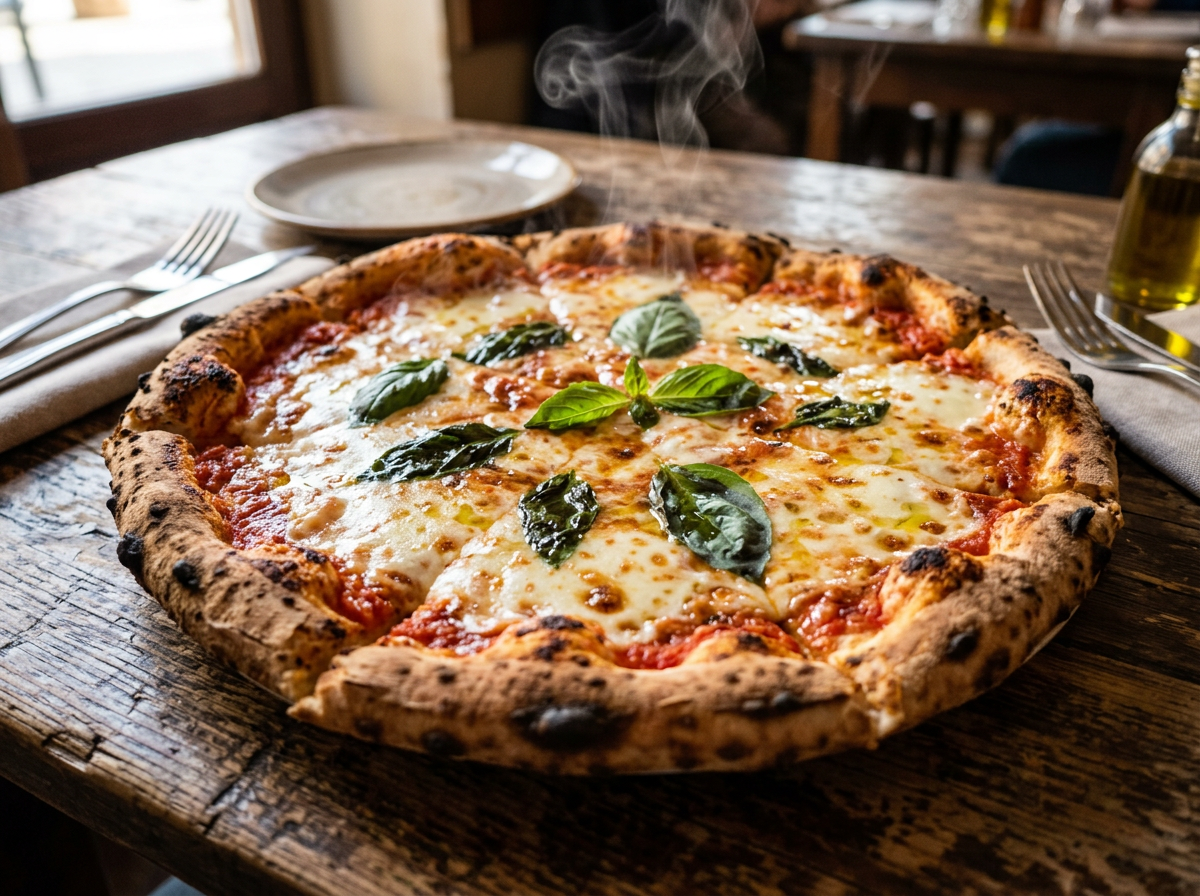 Pizza margherita recién horneada con albahaca fresca