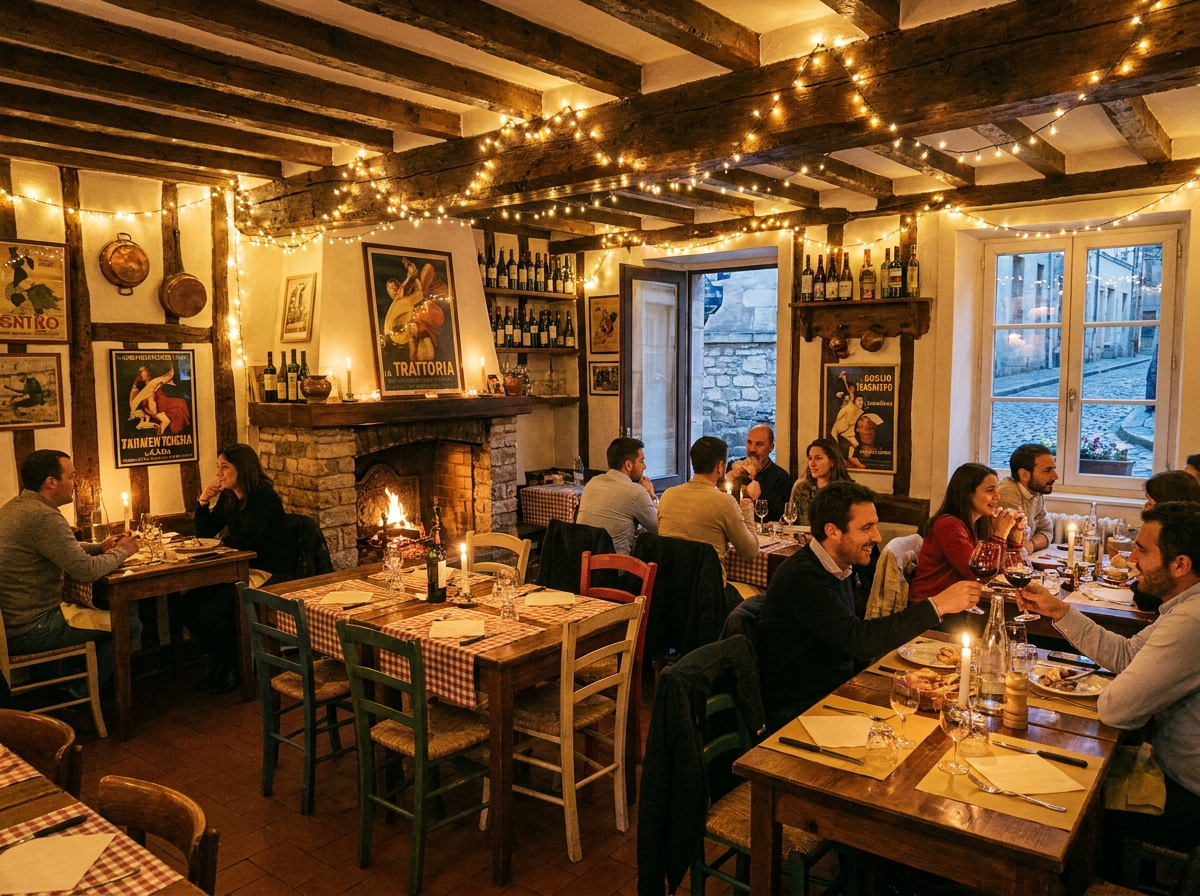 Comedor acogedor de la pizzería con luces cálidas