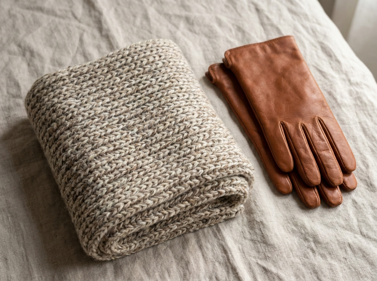 Bufanda de lana y guantes de piel sobre lino