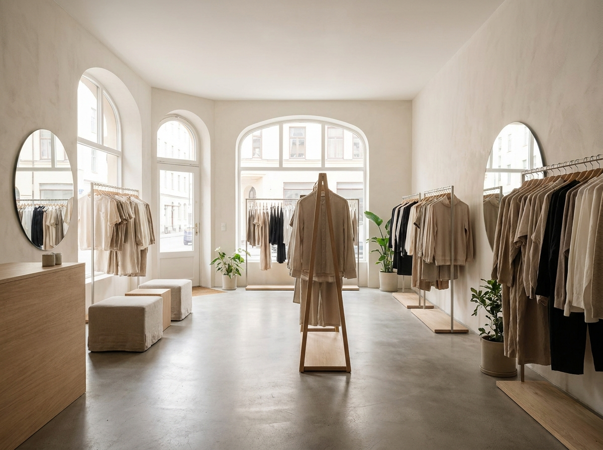 Interior de la boutique con perchas ordenadas